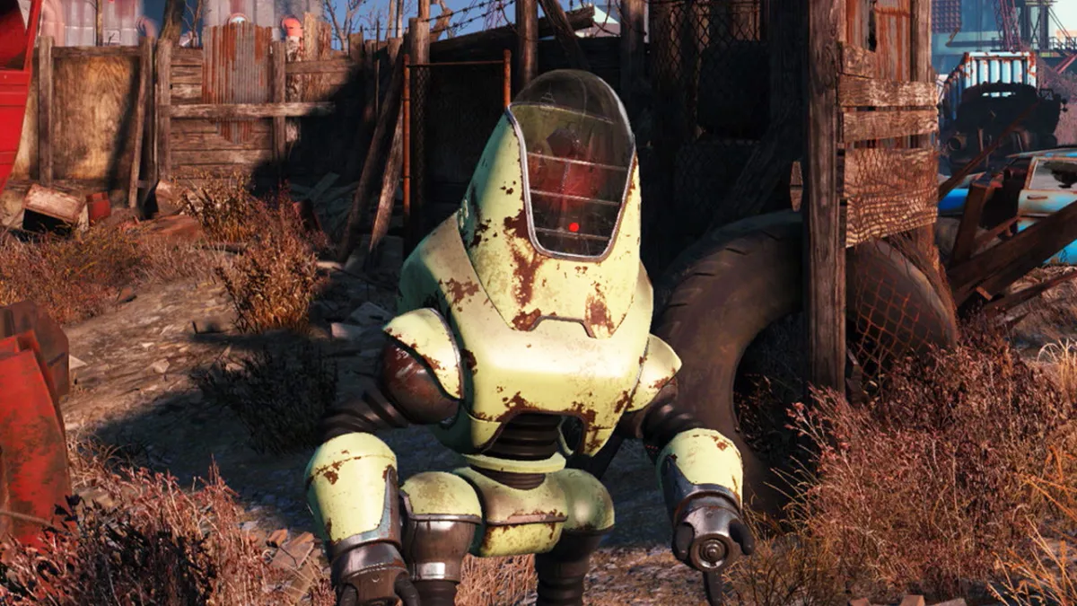 A rusty, retro-futuristic robot in Fallout 4, wandering around a scrapyard.