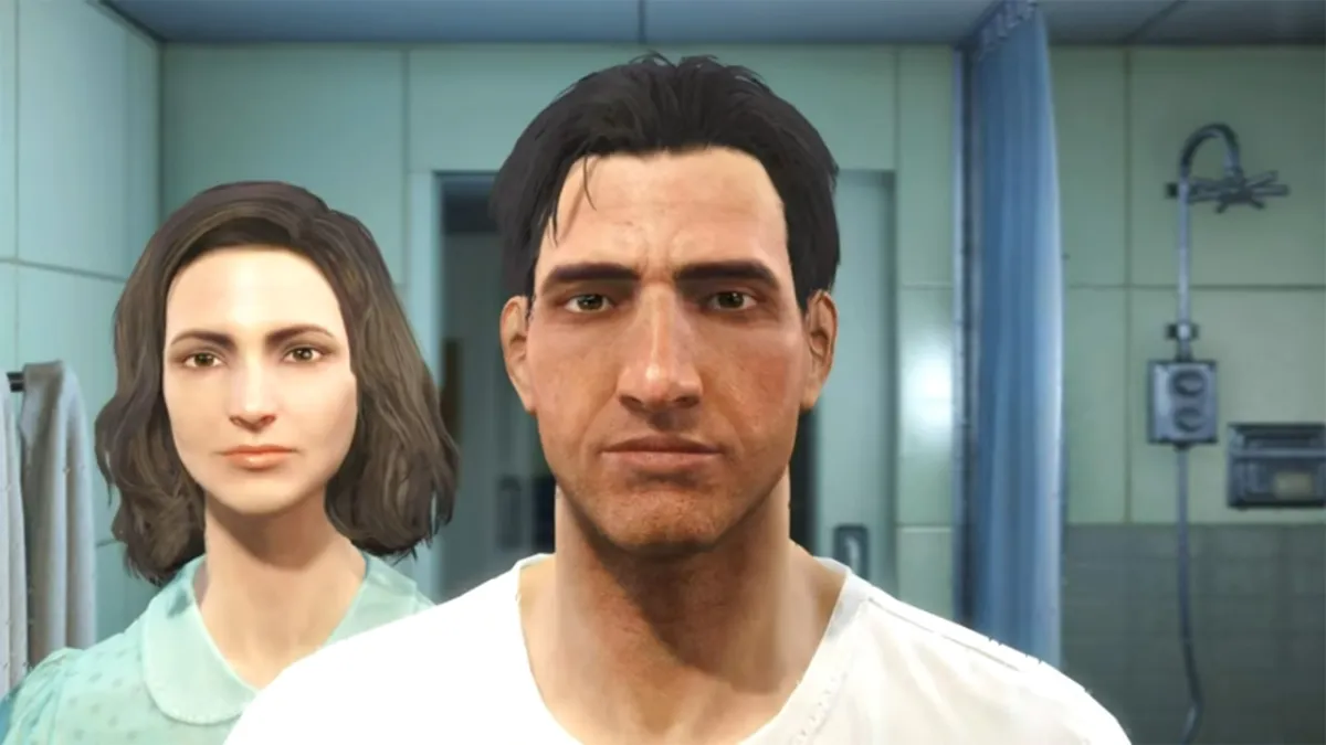 Fallout 4, with a female and male protagonist looking at the camera, standing a bathroom. 