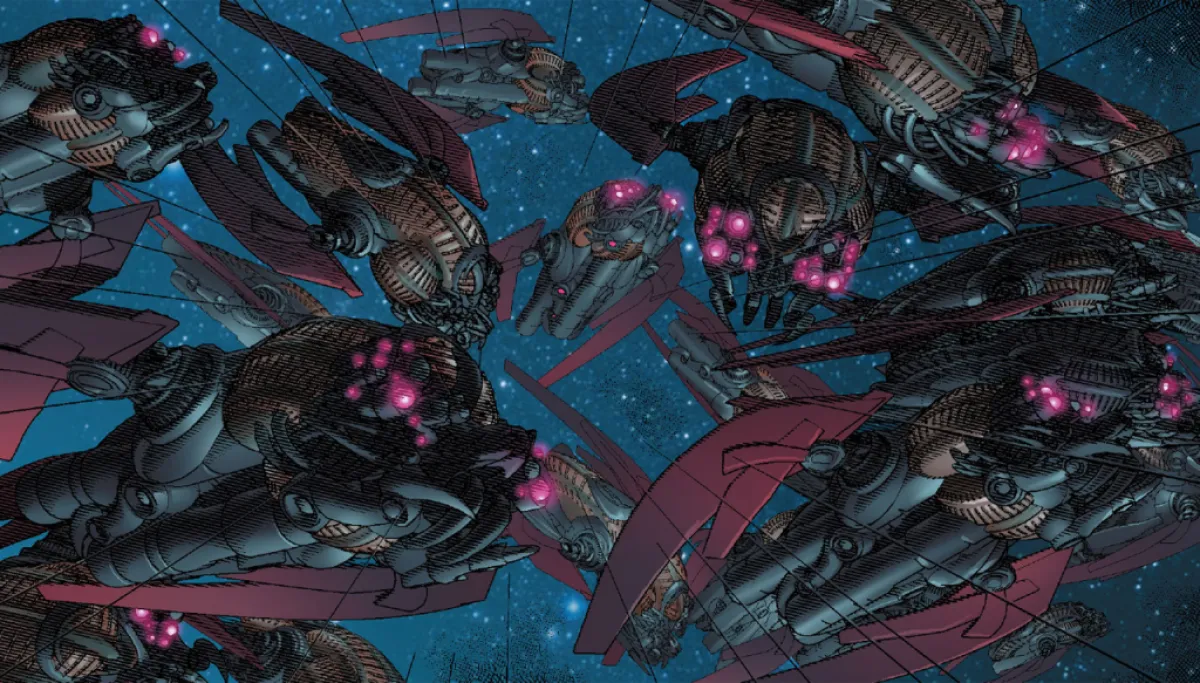 A swarm of purple and grey Galactus robots out in space. 