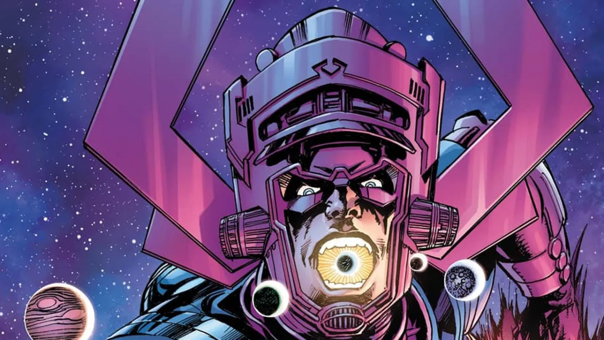 Galactus, a purple and blue giant devouring a planet.
