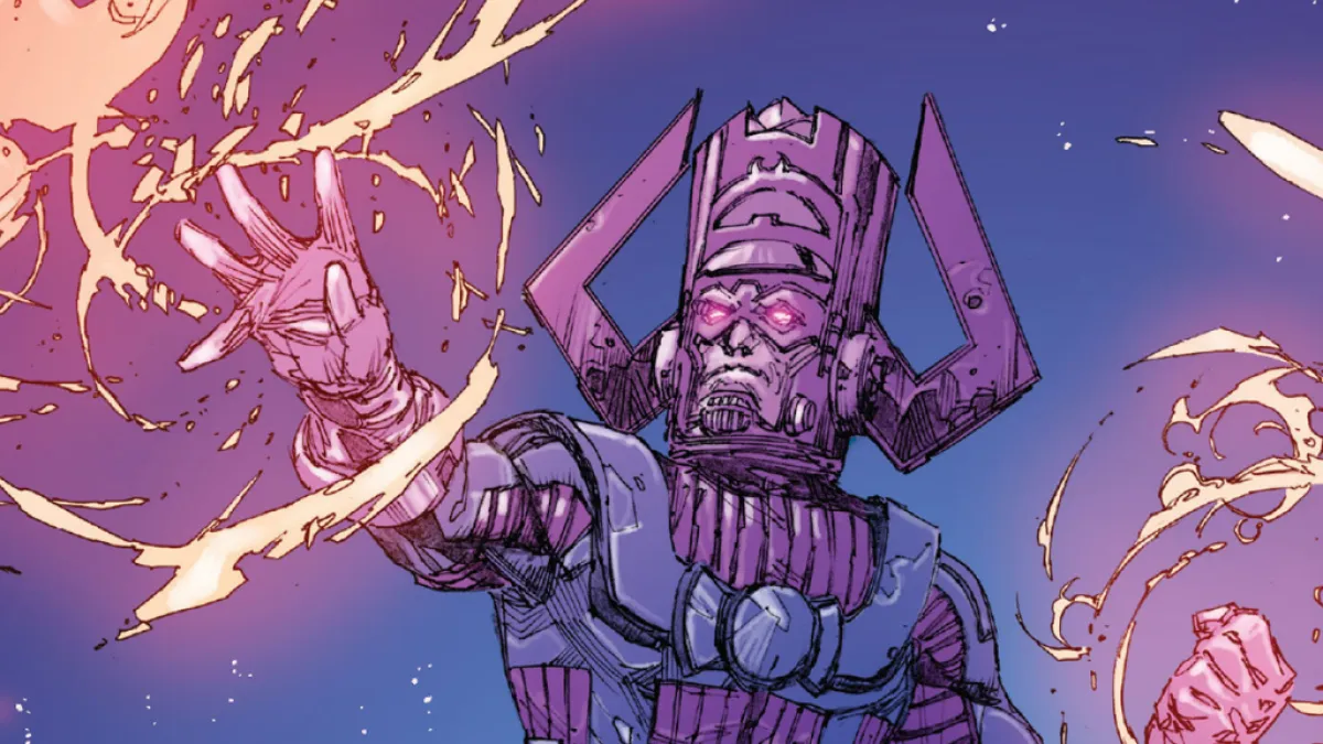 Marvel's Galactus, a tall being in blue and purple firing light beams from his hands.