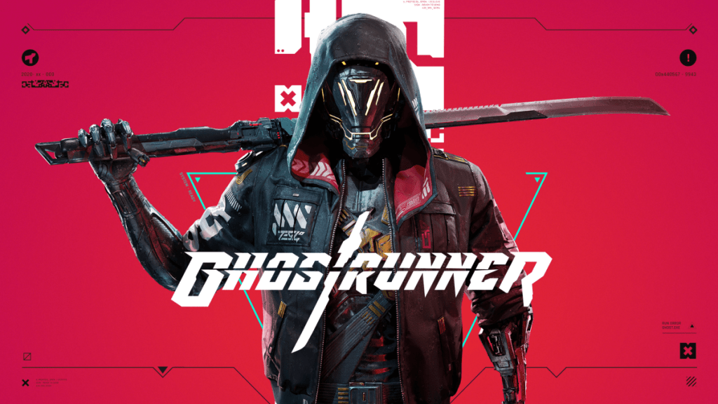 Ghostrunner, con una figura enmascarada con una chaqueta y una espada en la espalda. 