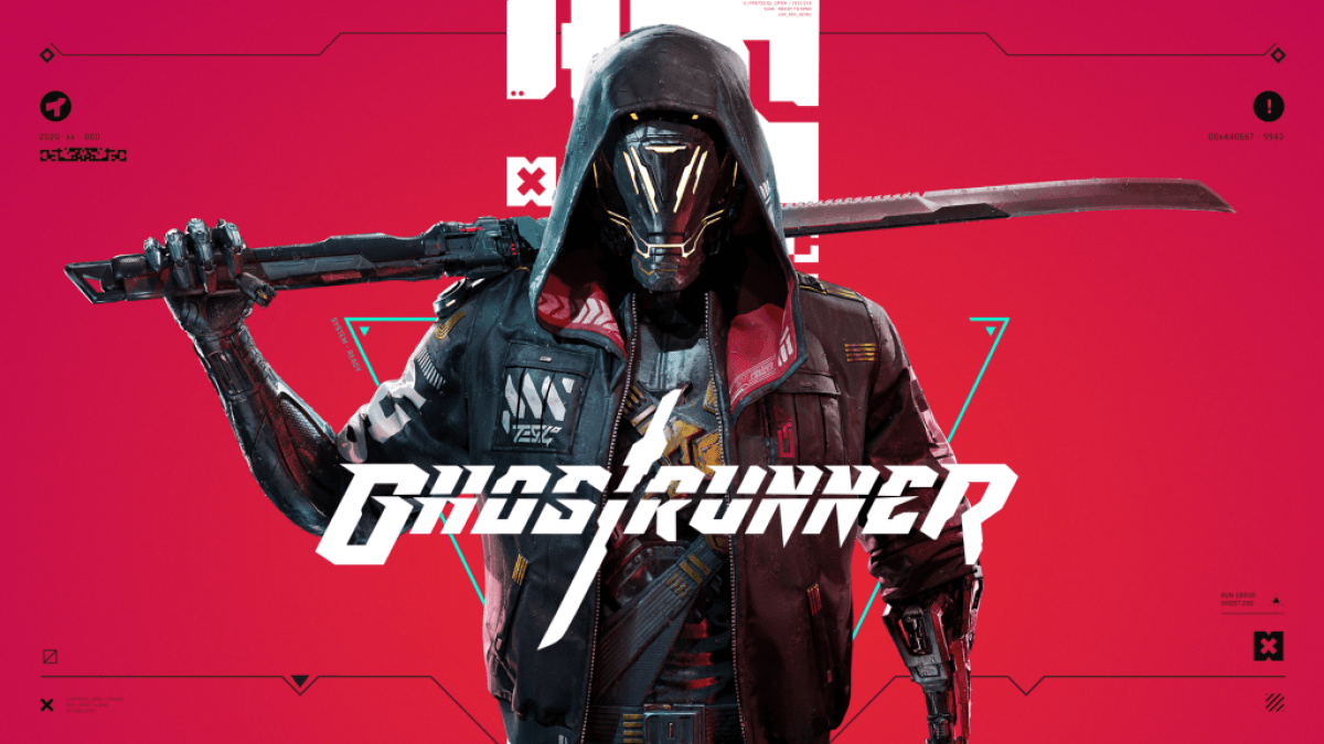 Ghostrunner, with a masked figure in a jacket with a sword on their back. 