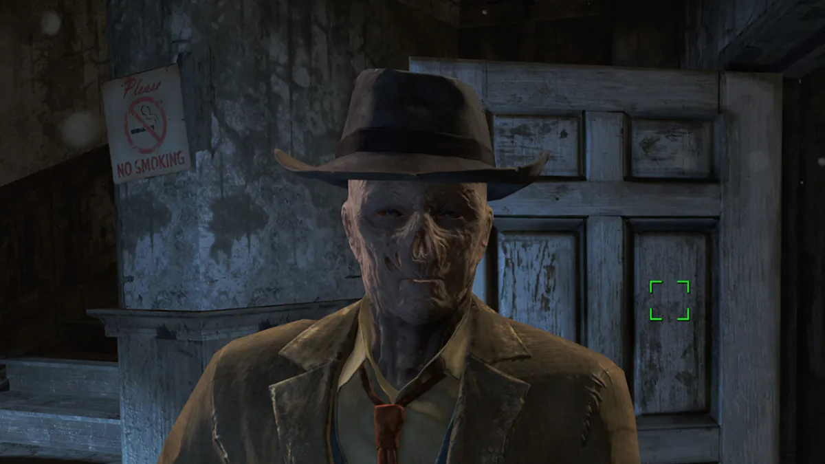 Fallout 4, a rough-skinned ghoul in a hat and suit.
