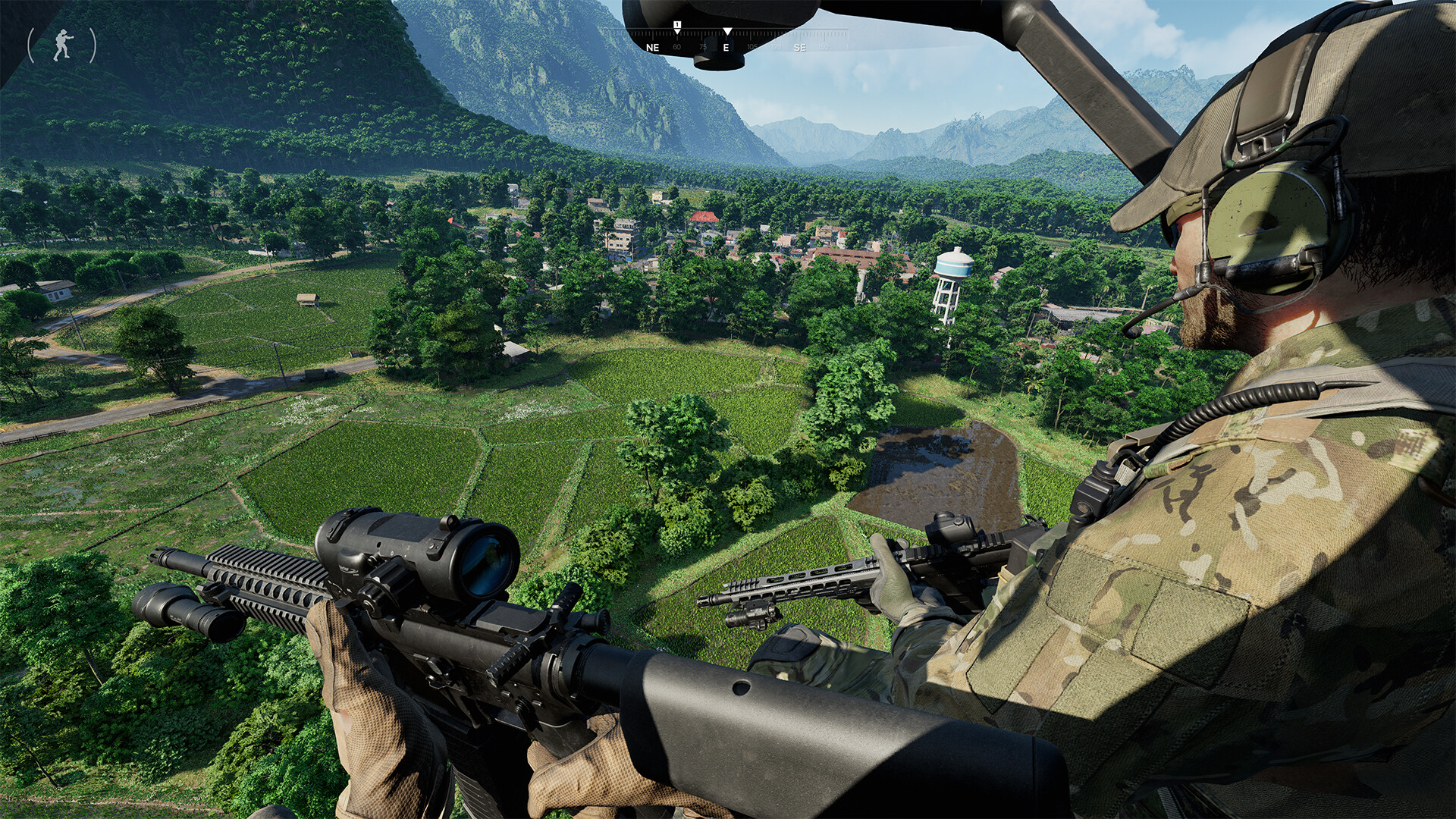 A player in a helicopter in Gray Zone Warfare. This image is part of an article about how to fix server capacity errors in Gray Zone Warfare.