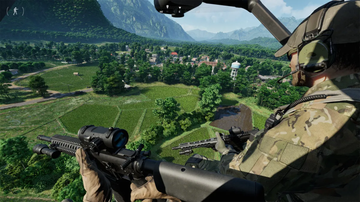 A player in a helicopter in Gray Zone Warfare. This image is part of an article about how to fix server capacity errors in Gray Zone Warfare. 