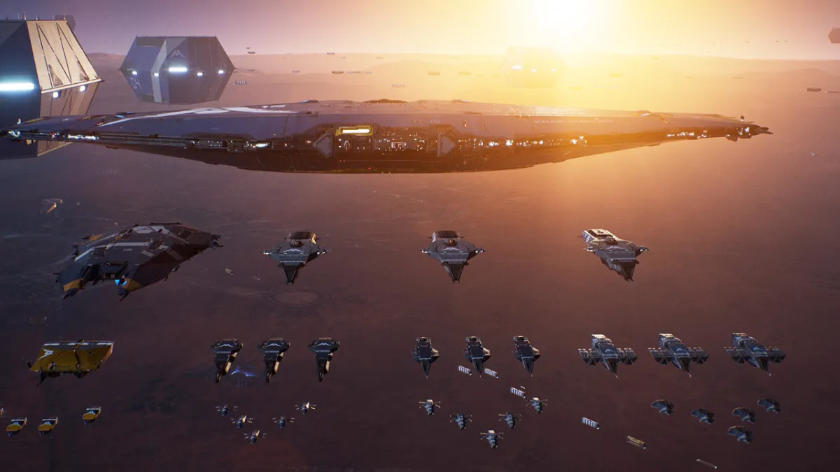 Homeworld 3, a massive wide mothership, with many smaller vessels beneath it.