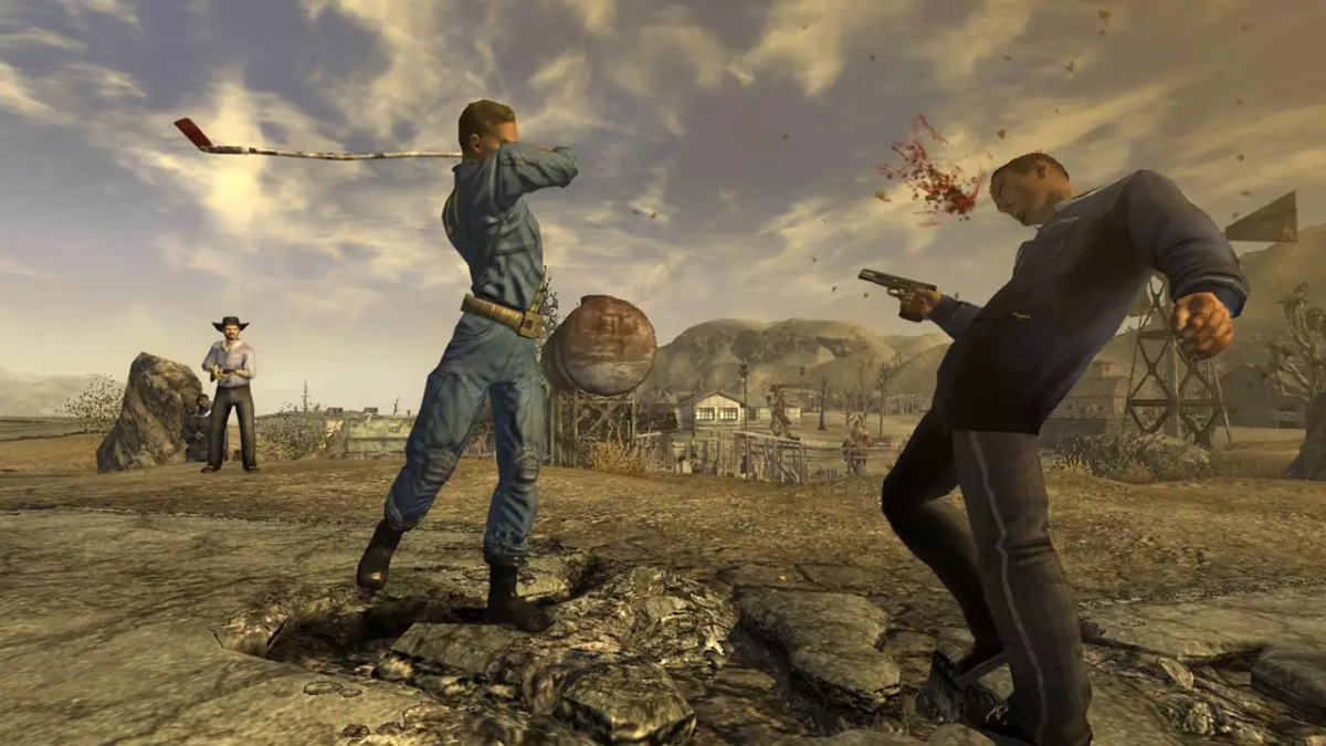A player hitting an enemy with a golf club in Fallout: New Vegas. This image is part of an article about how to holster your weapons in Fallout: New Vegas.