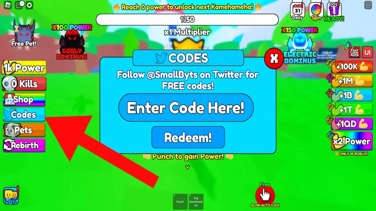 How to redeem codes in Kamehame Simulator. 