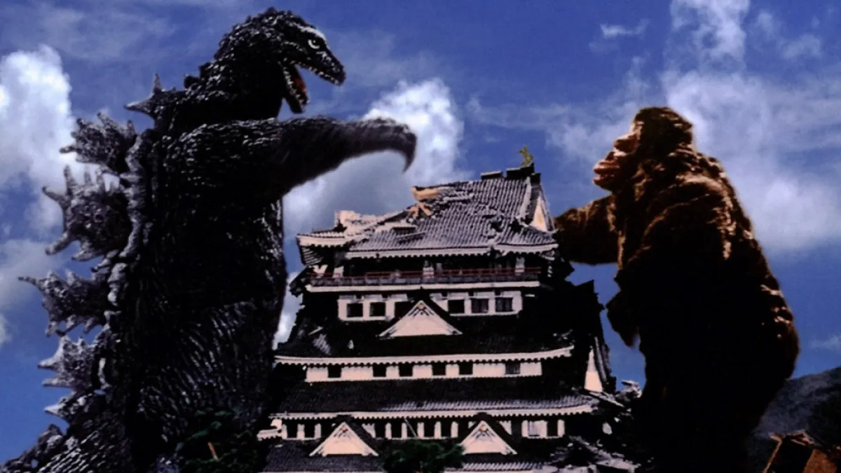 Godzilla and King Kong fight over a castle