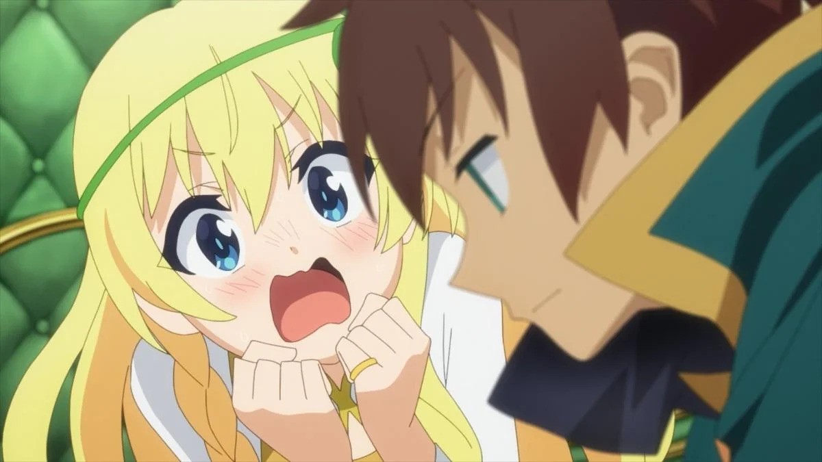 A girl looking shocked in Konosuba Season 3, Episode 3.
