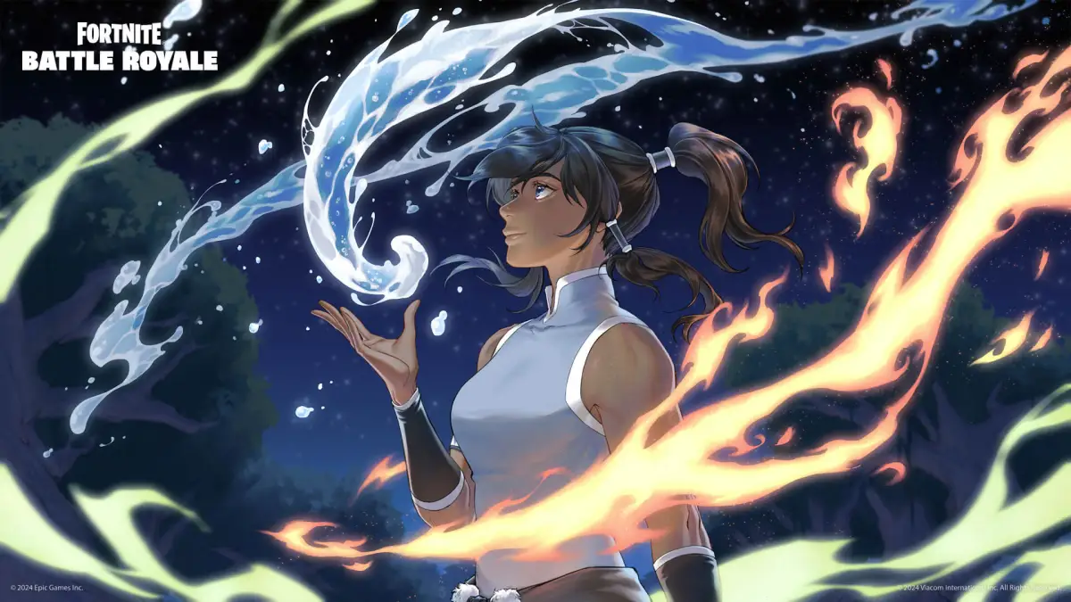 Korra using the elements in a loading screen in Fortnite. This image is part of an article about how to find and use the Waterbending Mythic in Fortnite Chapter 5 and another about all Avatar: Elements Free and Paid Rewards.