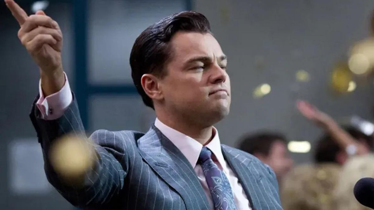 Leonardo DiCaprio pointing his finger in The Wolf of Wall Street.
