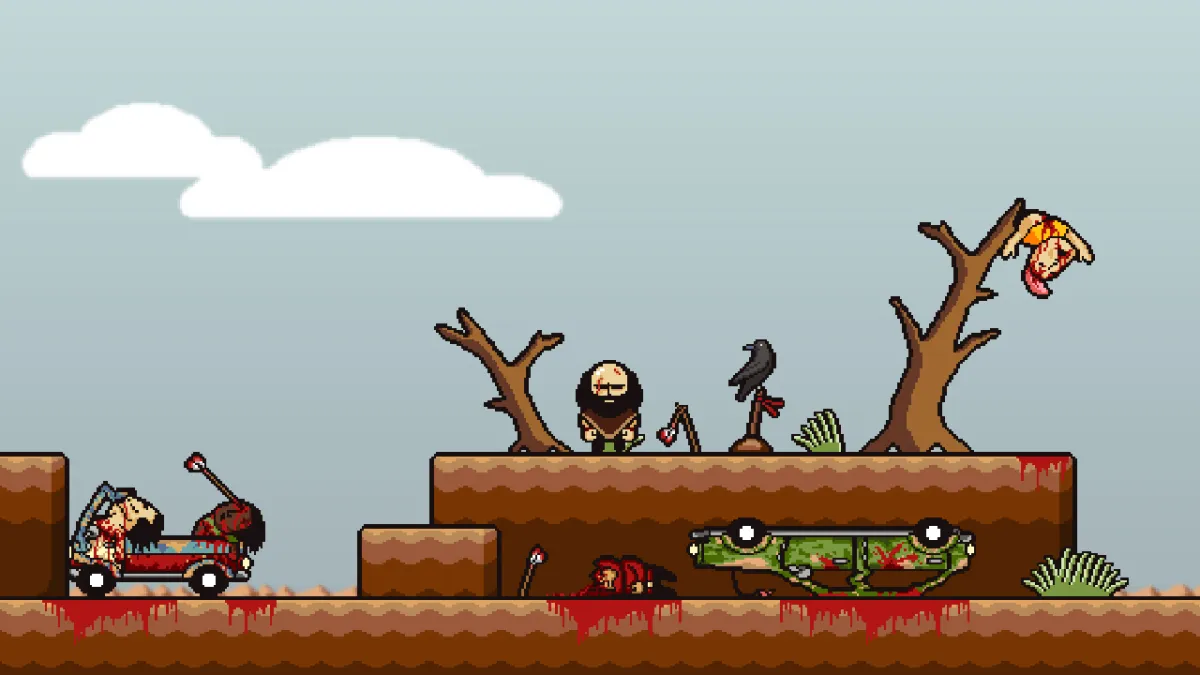A bearded man standing in a post-apocalyptic landscape in Lisa: Definitive Edition. Corpses are all around him. 