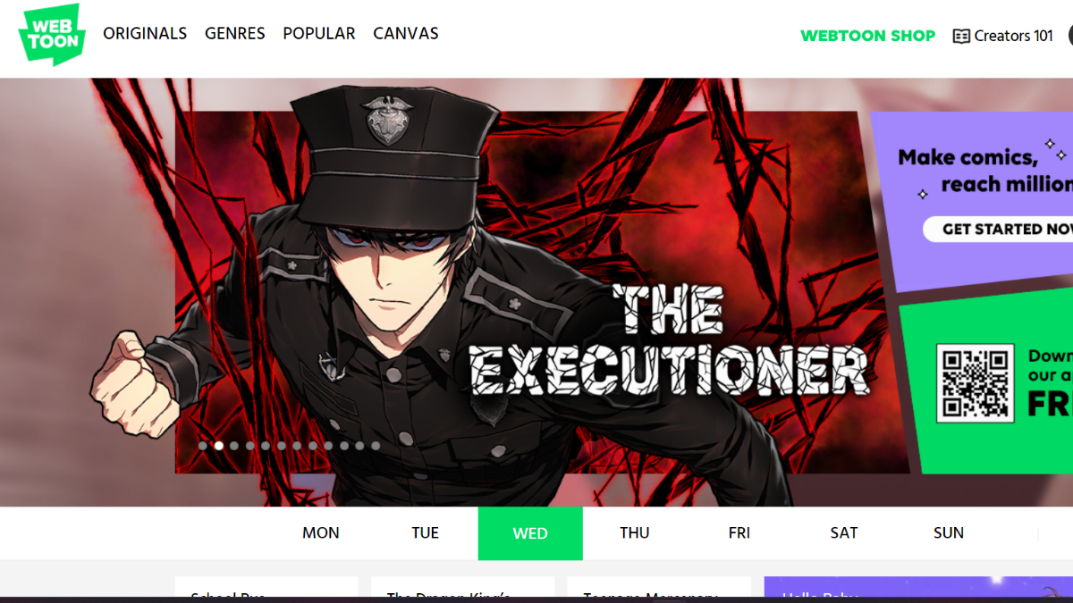 The homepage for Weebtoons. This image is part of an article about the best websites to read manhwa. 