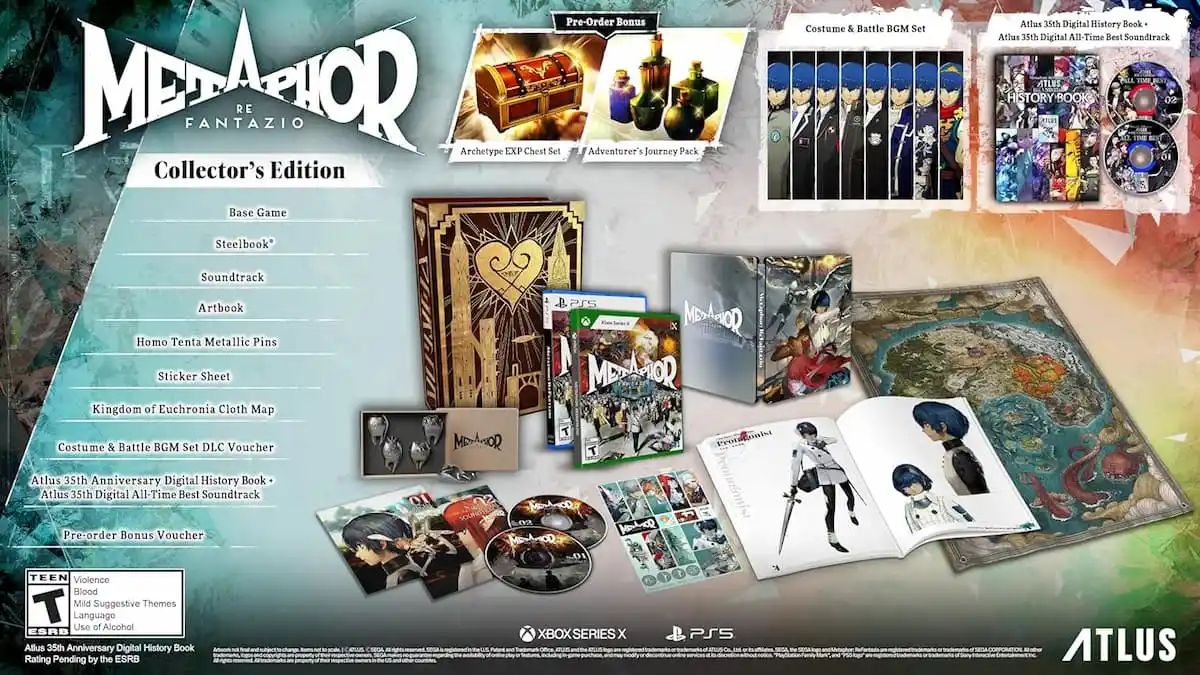 a layout of the items you get in the metaphor refantazio collector's edition