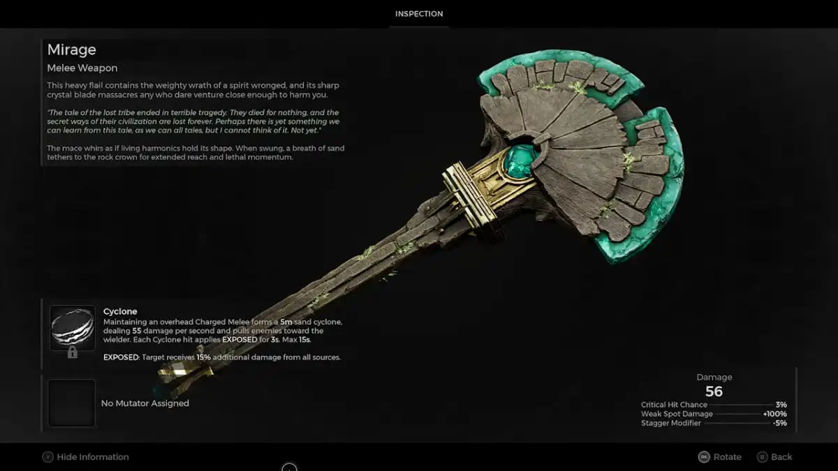 Imagen de Mirage, un arma cuerpo a cuerpo regalada por Lydusa en Remnant 2