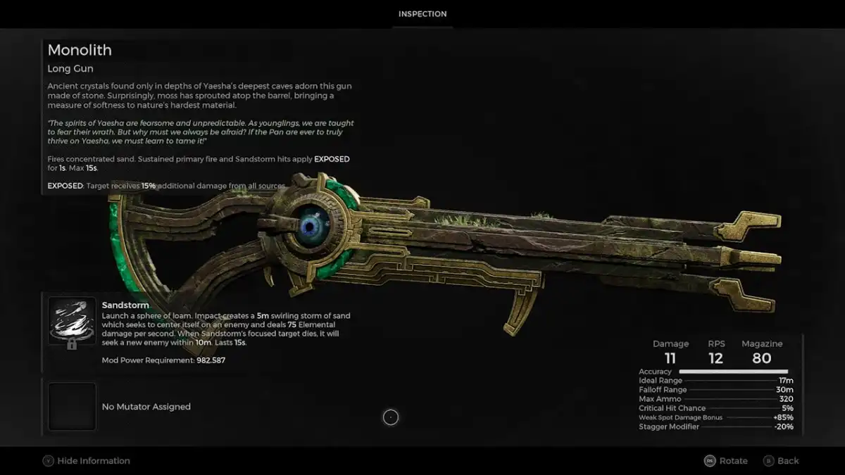 Imagen de Monolith, un arma larga que se obtiene al derrotar a Lydusa en Remnant 2.