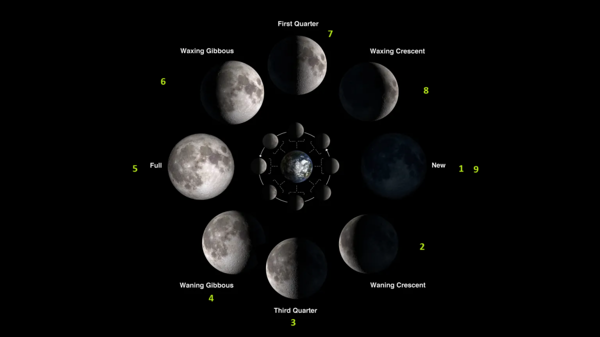 Imagen de las fases lunares creada por la NASA y puesta en dominio público.  La imagen está editada con números que enumeran el orden en el que debes recorrer el mapa.