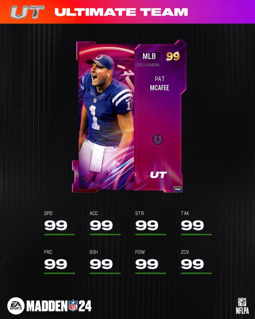 The 99-overall Pat McAfee card in Madden 24 Ultimate Team (MUT)
