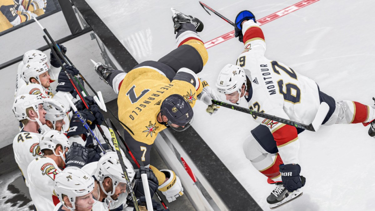 Two ice hockey players fighting in NHL 24.