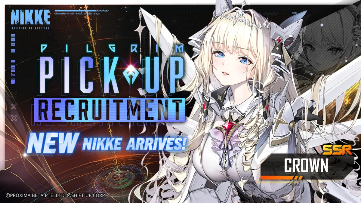 A banner for the Goddess of Victory: Nikke 1.5 Anniversary update showing a character called Crown as part of all the new characters and rewards available.