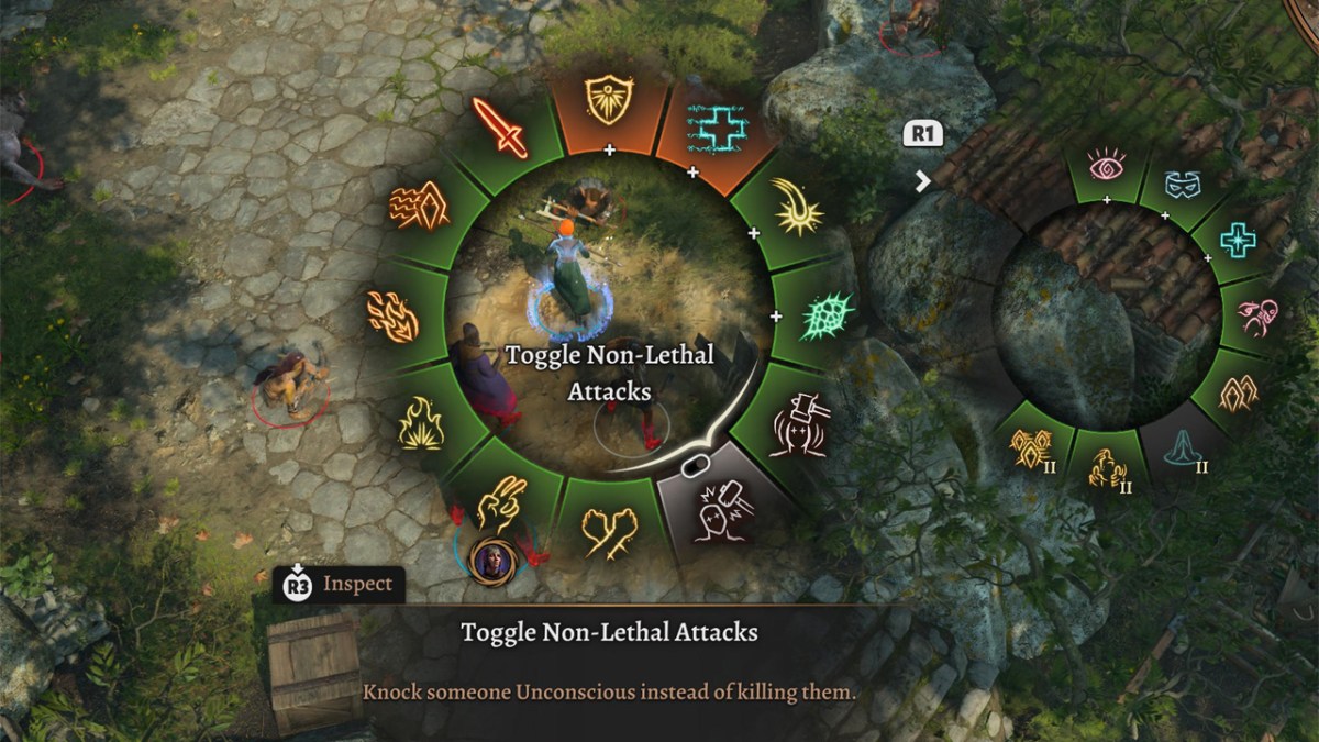 Baldur's Gate 3, with a circular interface with different symbols on it. The selected option is 'Toggle Non-Lethal Attacks'. 