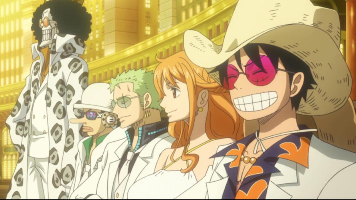 Luffy and the Straw Hats enter the casino dressed up.  This image is part of an article about how to watch all One Piece movies in order.