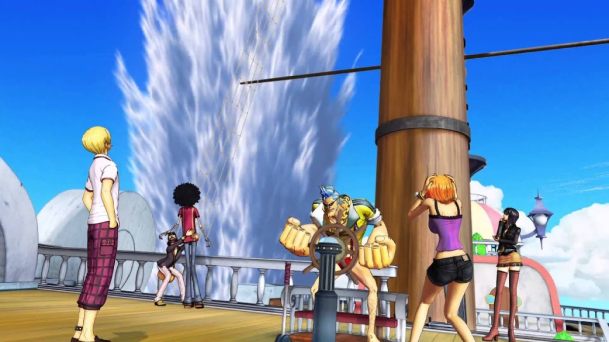 The Straw Hats watch a blast by their ship