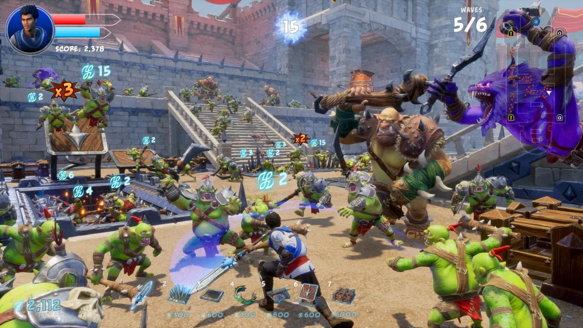 A chaotic battlefield with a human fighting orcs and other fantasy creatures in Orcs Must Die 3