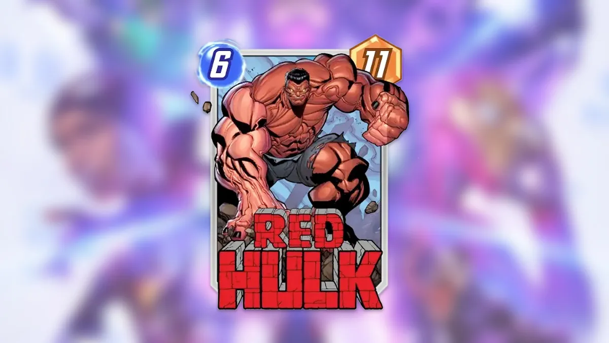 An image showing the Red Hulk card in Marvel Snap against a blurred game background as part of an article on the best decks featuring the card.