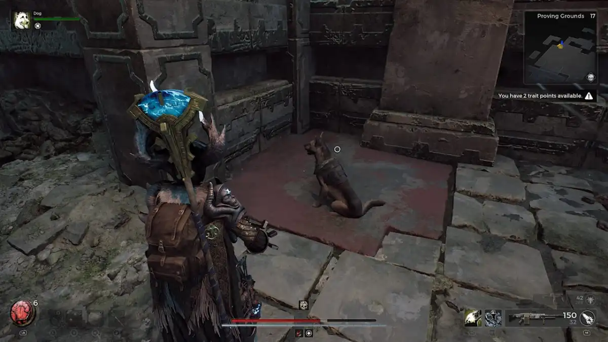 Image of a dog sitting on the red tile you'll need to stand on in the Proving Grounds in Remnant 2