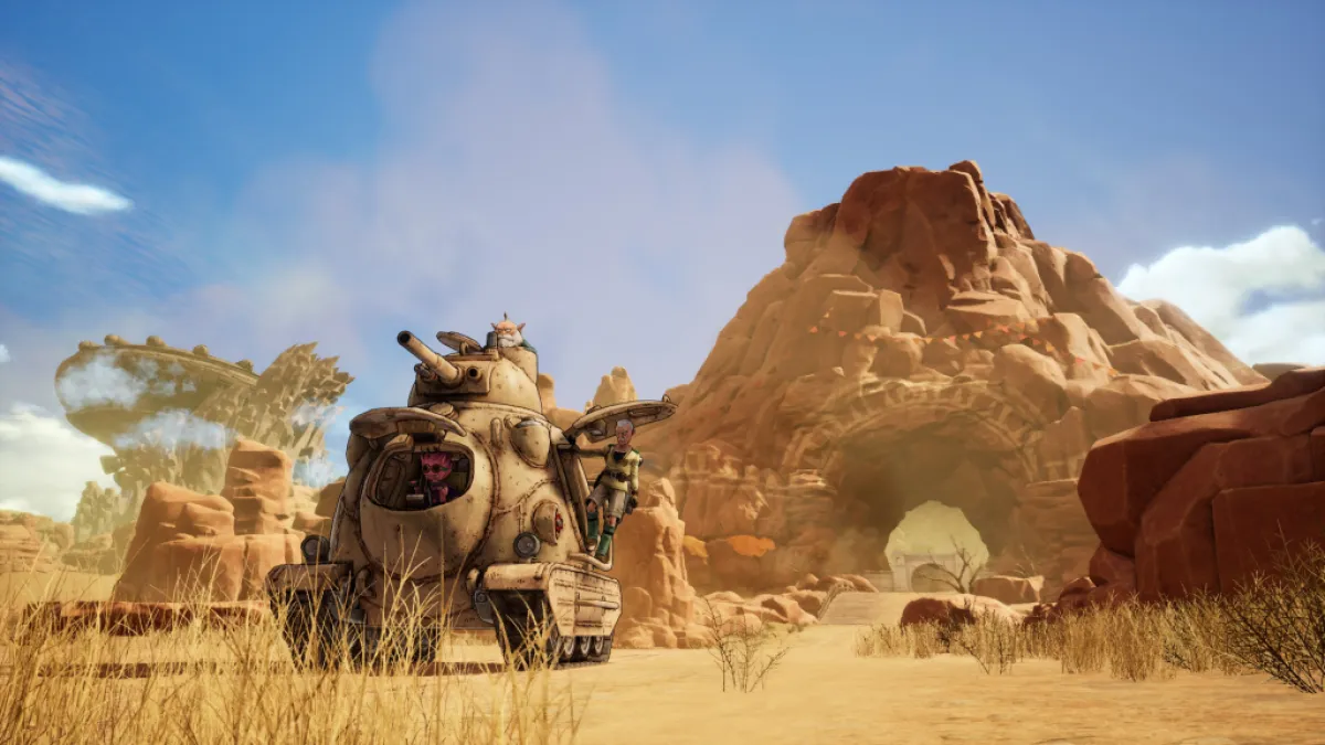 A tank in the wild in Sand Land. This image is part of an article about how to claim pre-order bonuses in Sand Land.