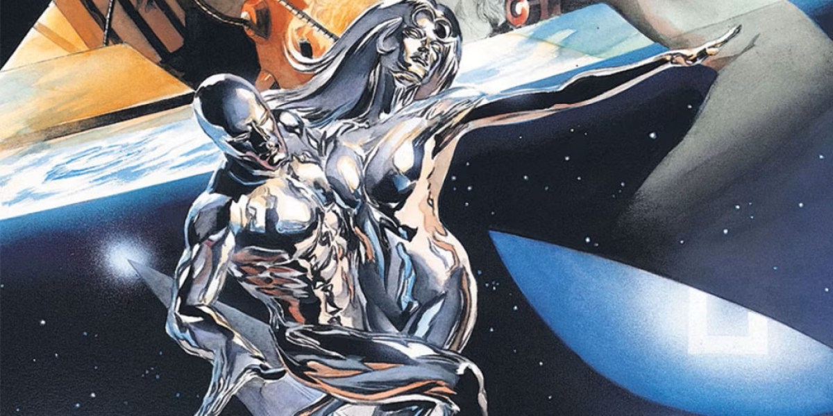 Silver Surfer and Shalla-Bal holding onto each other.