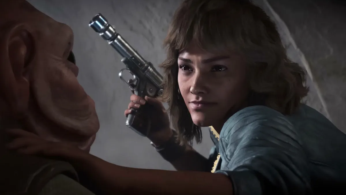 Star Wars Outlaws, a woman holding a gun at an off-screen alien.