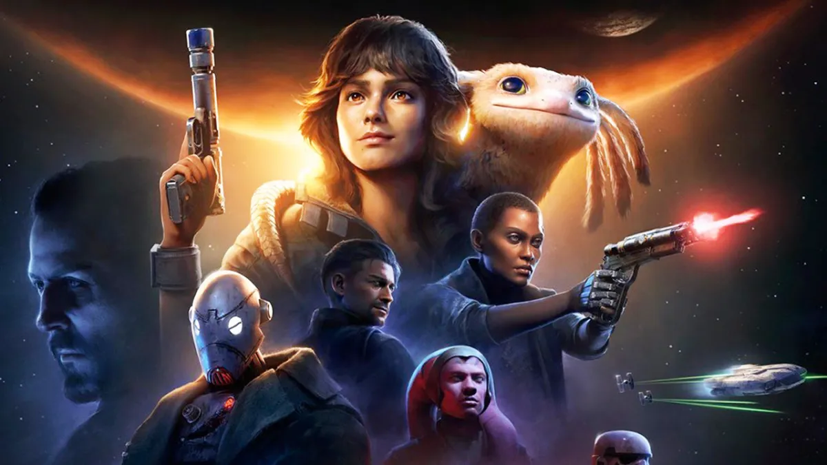 Star Wars Outlaws, a poster showing a brown-haired woman with an alien creature on her shoulder and several other characters.