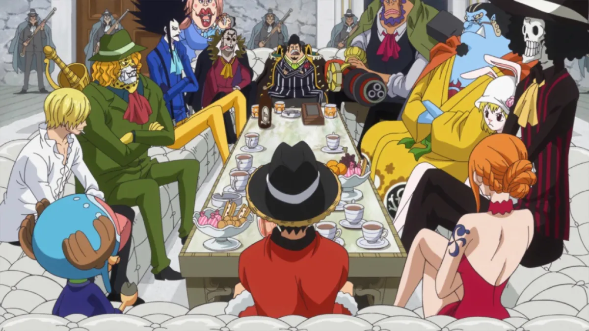 Straw Hat Pirates with the Fire Tank Pirates. This image is part of an article about all major One Piece arcs and sagas ranked.