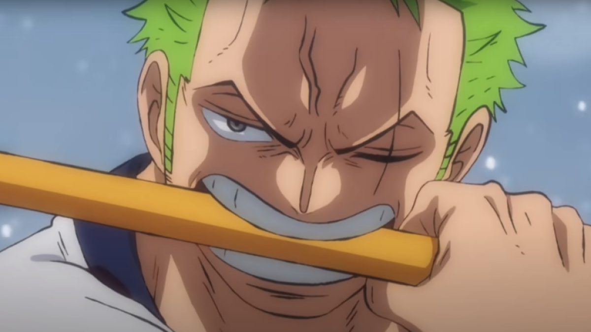 Zoro holding a sword in his mouth.