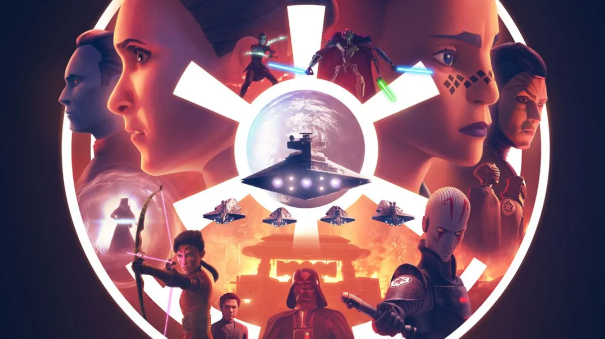 The poster for Tales of the Empire with Barriss Offee and Morgan Elsbeth in the background.