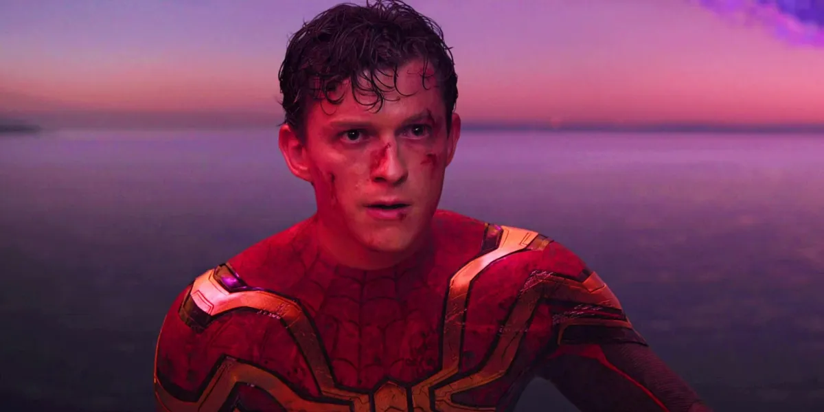 Tom Holland looking angry as Spider-Man.