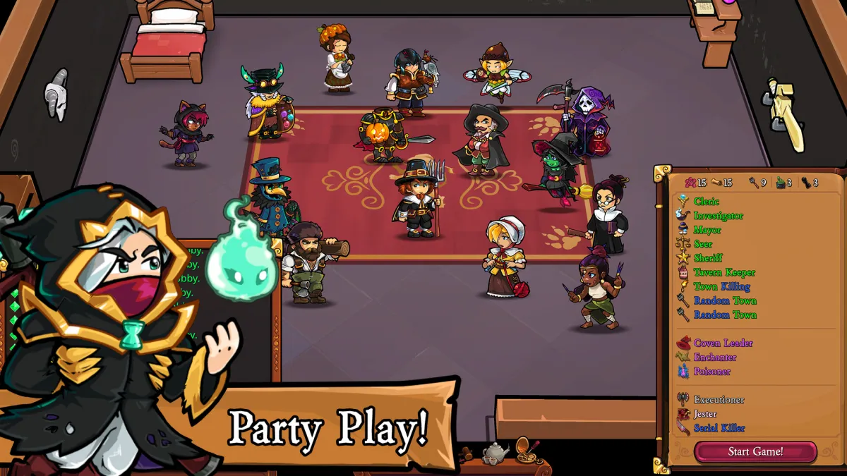 Several characters standing around in a room in Town of Salem 2, dressed in period clothes. 