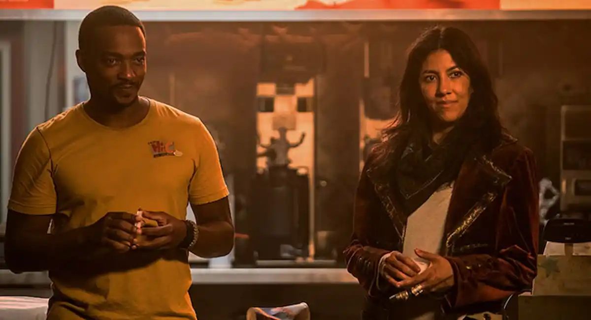 anthony mackie and stephanie beatriz standing together in twisted metal