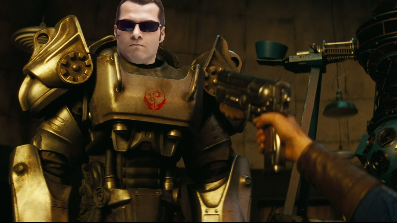 Wesker from the Resident Evil movies in a Power Armor suit. This image is part of an article about how Fallout turned Vault-Tec into the Umbrella Corporation.