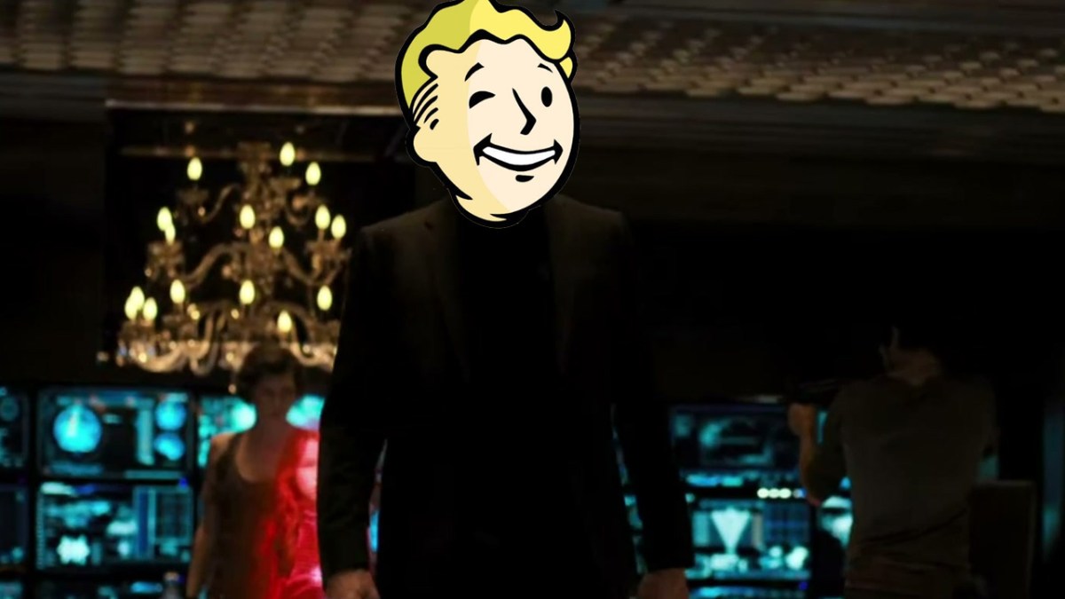 A scene from Resident Evil: The Final Chapter, with a smiling Vault Boy cartoon head pasted over the Umbrella Corporation's co-owner.