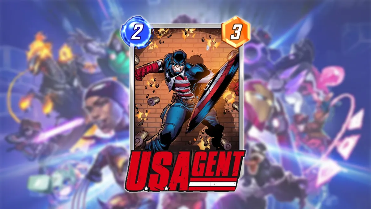 A header image showing US Agent against a generic Marvel Snap background as part of an article on the best decks featuring the card.