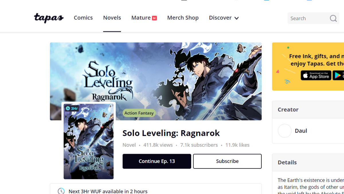 The Tapas Solo Leveling Ragnarok page. This image is part of an article about where to read Solo Leveling: Ragnarok. 