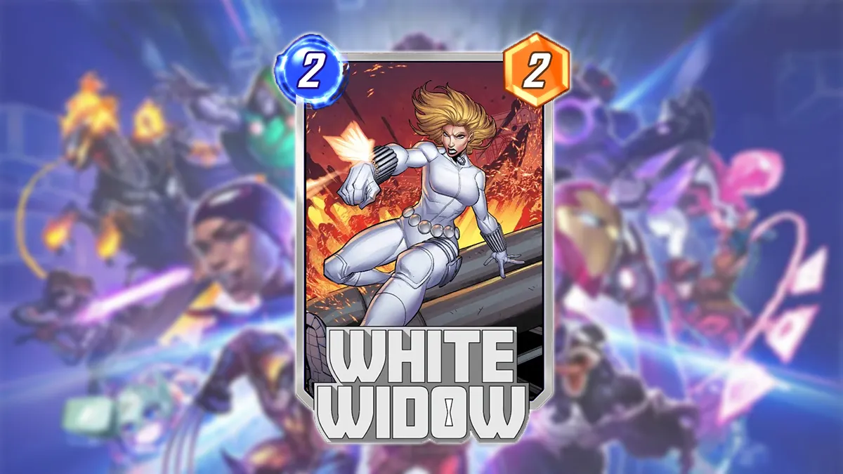 An image showing the White Widow card in Marvel Snap against a blurred background from the game as part of an article on the best decks featuring the card.