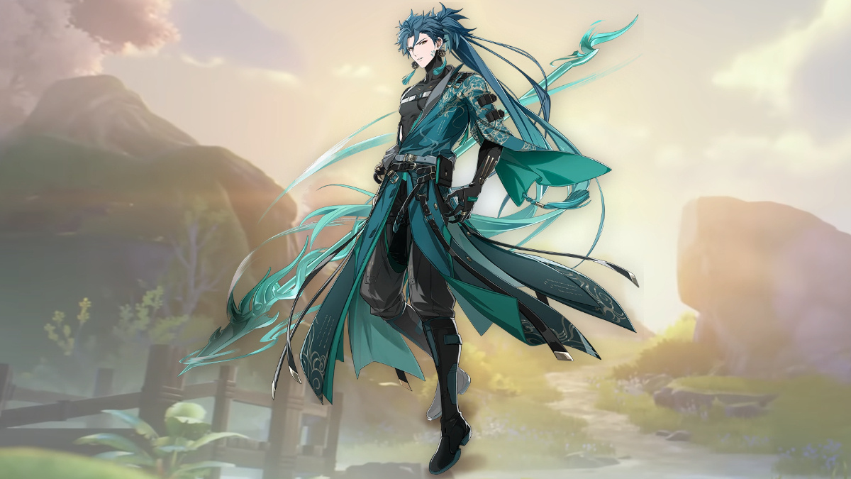  Jiyan in front of rock formations in Wuthering Waves.