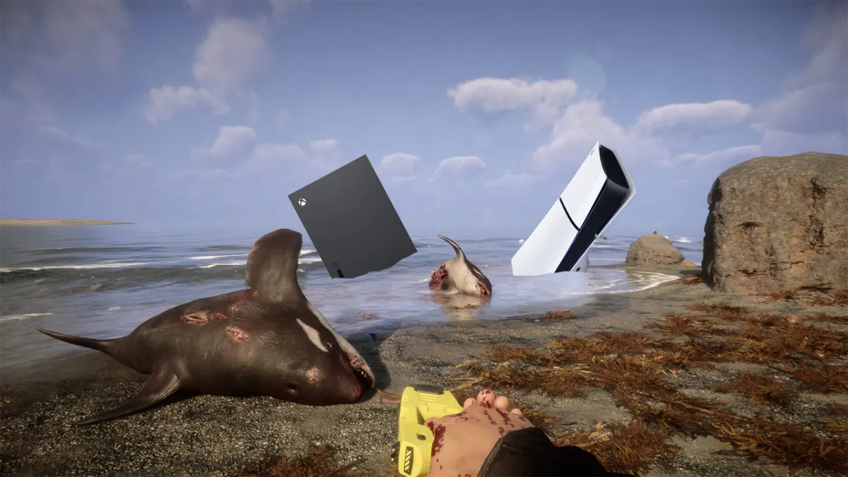 A beach in Sons of the Forest, with two dead Orca on the sand and a PS5 and Xbox Series X.