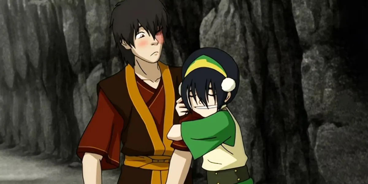 Toph hugging Zuko in Avatar: The Last Airbender.
